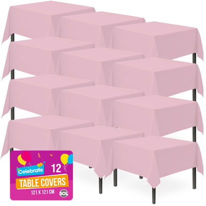 SOL 12pk Pink Table Cloths Party 121x121cm Plastic Cover Disposable for Parties - Heavy Duty Spill Protection - Opaque Design for Weddings, Buffets, Catering, Outdoor Events, Gender Reveals & More