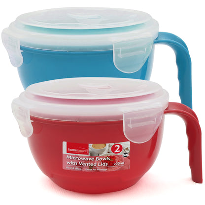2-8pk Microwave Soup Bowl With Lid & Handle 900ml | Food Porridge Noodle Mug Cup
