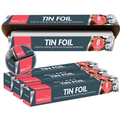 SOL 4pk Tin Foil 32m in Total - 8m x 29cm Large Size - Non-Stick Tin Foil for Wrapping, Grilling, BBQ & Baking – Heavy-Duty Silver Cooking Foil with Cutter