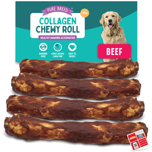 4-12pk Collagen Dog Treats Beef Chewy Rolls Large Long Lasting Easy Digest Joint