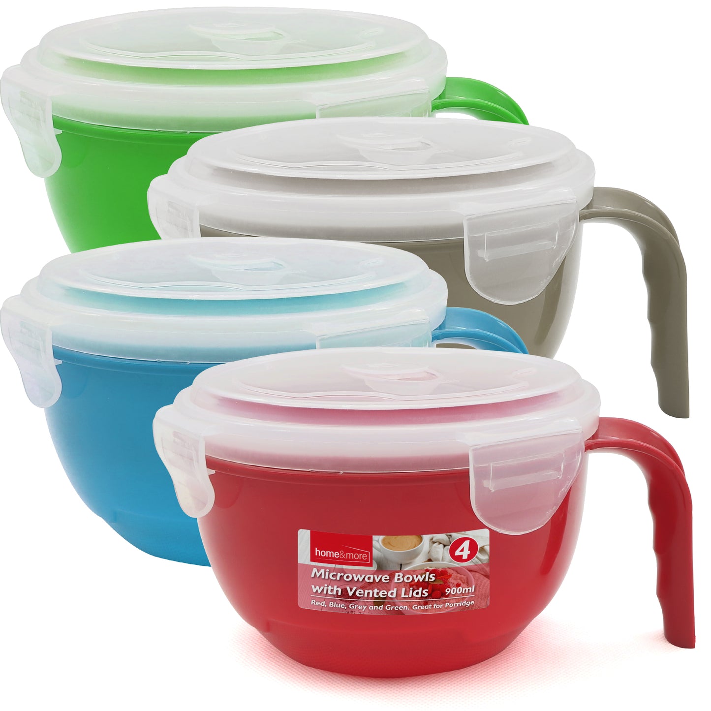 SOL 4pk Microwavable Containers with Vented Lids - 900ml Soup Mugs with Handles for Home & Office - Dishwasher-Safe Microwave Bowls with Leak-Proof Lids