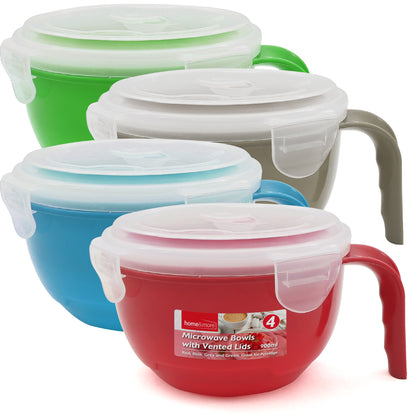 SOL 4pk Microwavable Containers with Vented Lids - 900ml Soup Mugs with Handles for Home & Office - Dishwasher-Safe Microwave Bowls with Leak-Proof Lids