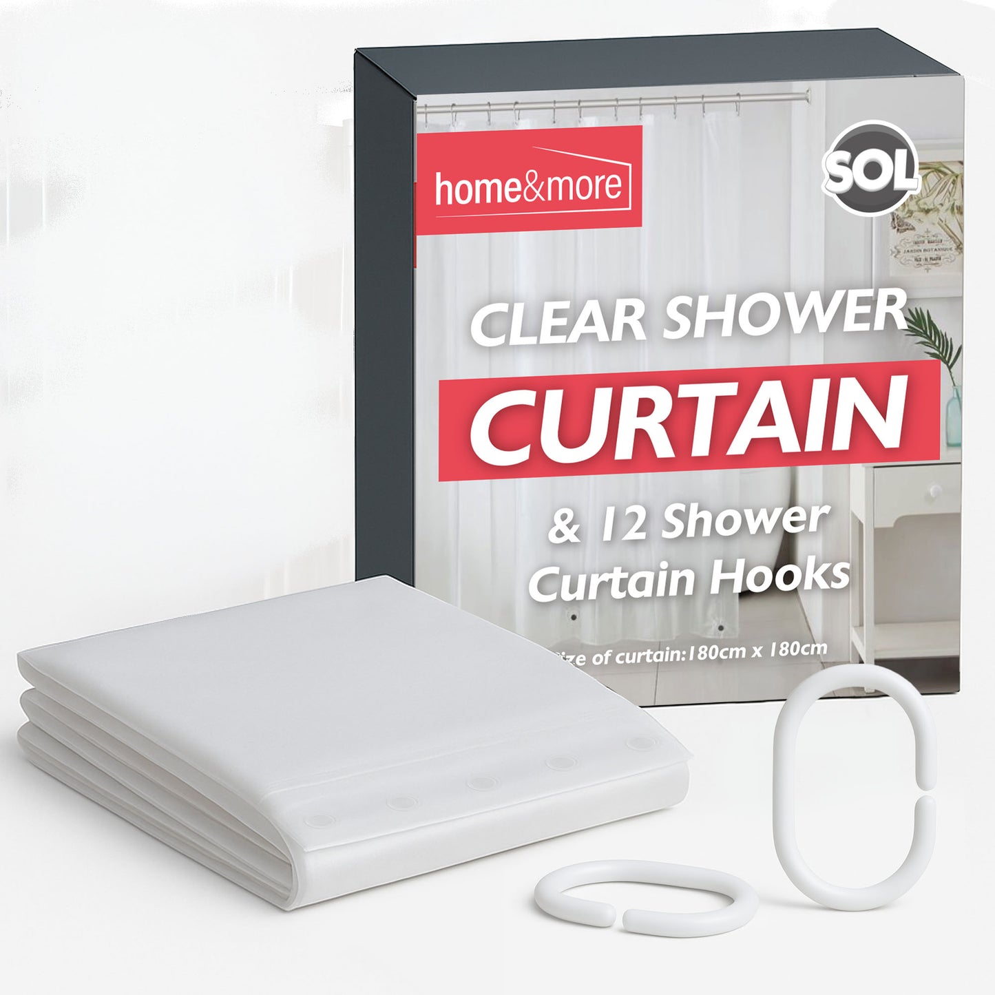 Clear Shower Curtain 180 x 180 cm | Waterproof Polyester with Hooks