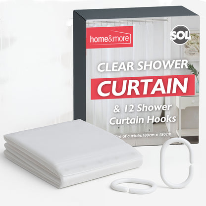 Clear Shower Curtain 180 x 180 cm | Waterproof Polyester with Hooks