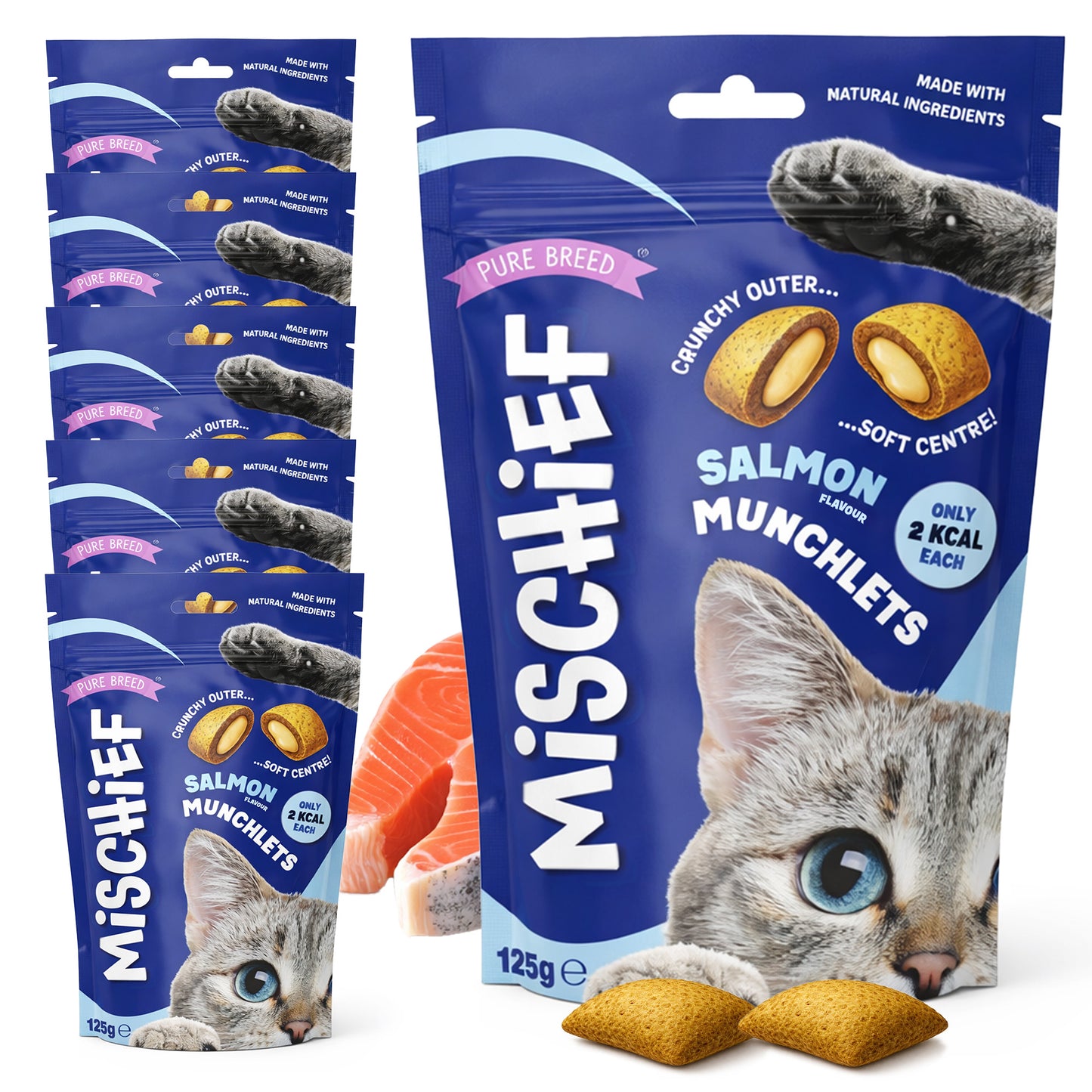 6-12pk Cat Pillow Chews Salmon Crunchy Cat Treats 125g Training Bulk Snack