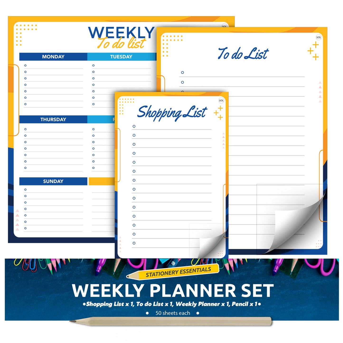 SOL 3-in-1 Weekly Planner, To do List & Shopping List Pad Set, Tear-off 50 Sheets Each, Minimalist Desk Organiser for Productivity, Tasks, Planning Schedule for Home & Office Use