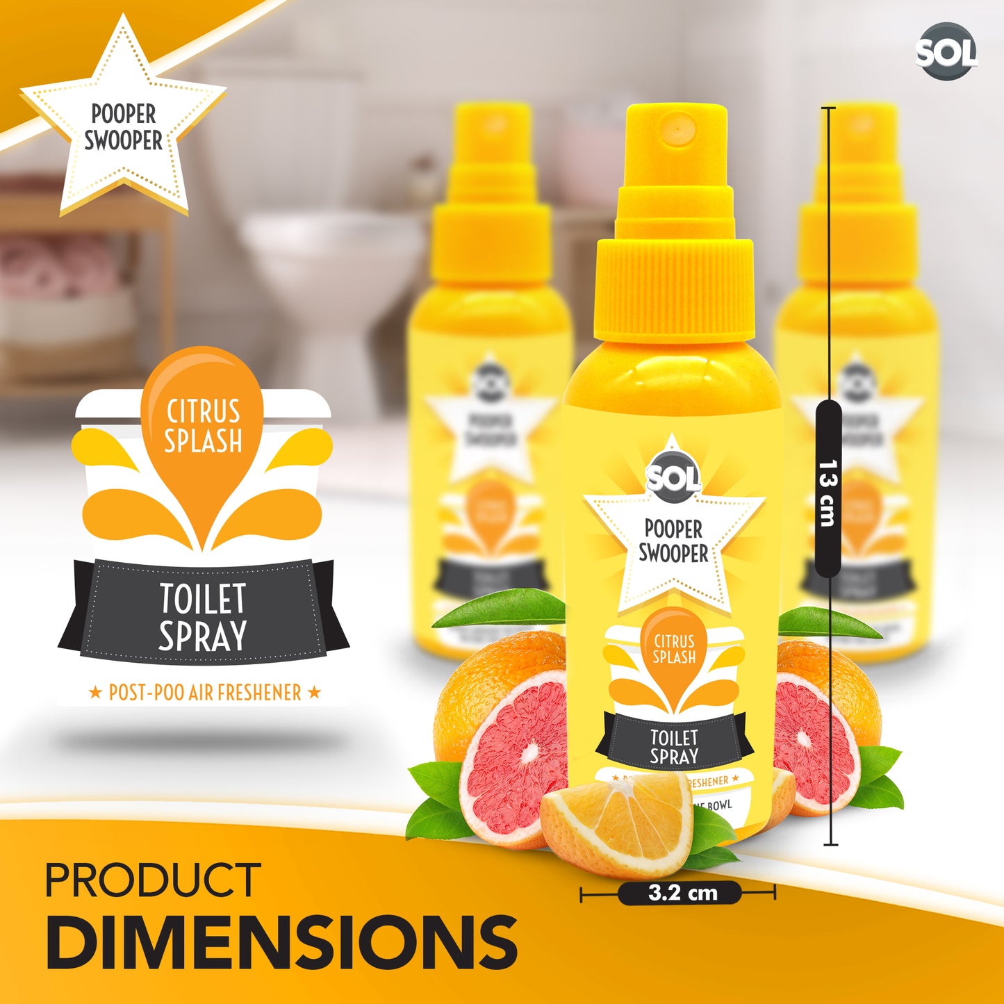 3 x 60ml Pooper Star Toilet Spray Air Freshener Bowl | Citrus Fragrance Perfume