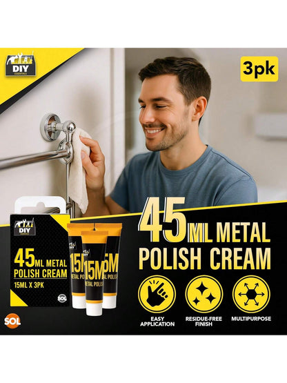 SOL 3pk Metal Polish Cream 45ml – Multi-Surface Cleaner For Brass, Copper, Chrome, Aluminium, Silver & Steel – Removes Tarnish, Cleans Oxidation, Polishes & Restores Metal Surfaces