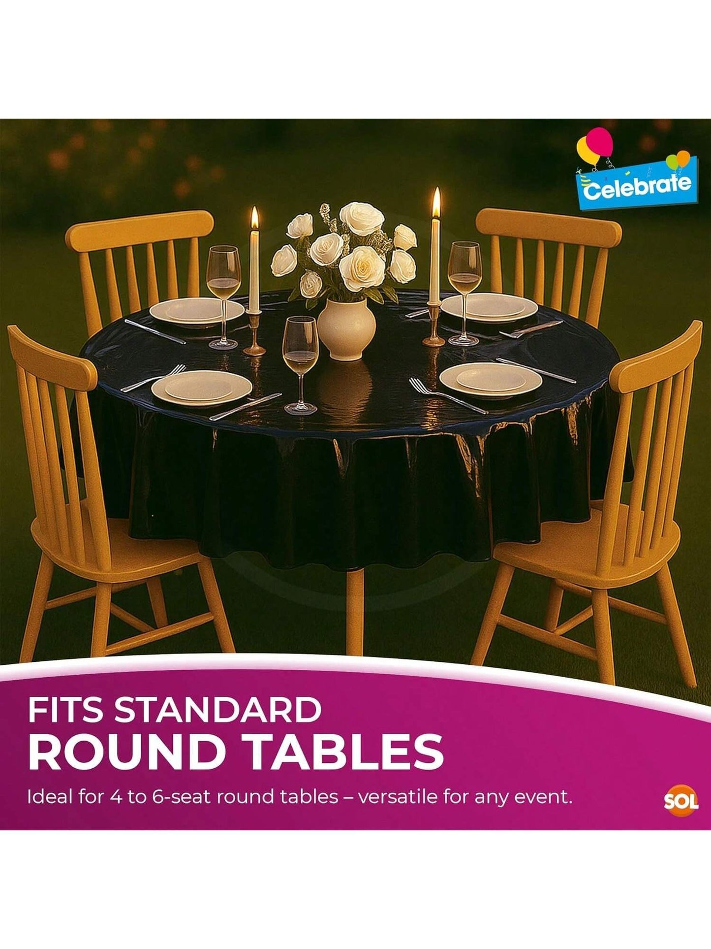 SOL 3pk Black Round Table Cloth Disposable 140cm Party Tablecloths For Circular Table - Durable Spill Protection - Perfect For Weddings, Buffets, Catering, Restaurants & Outdoor Events