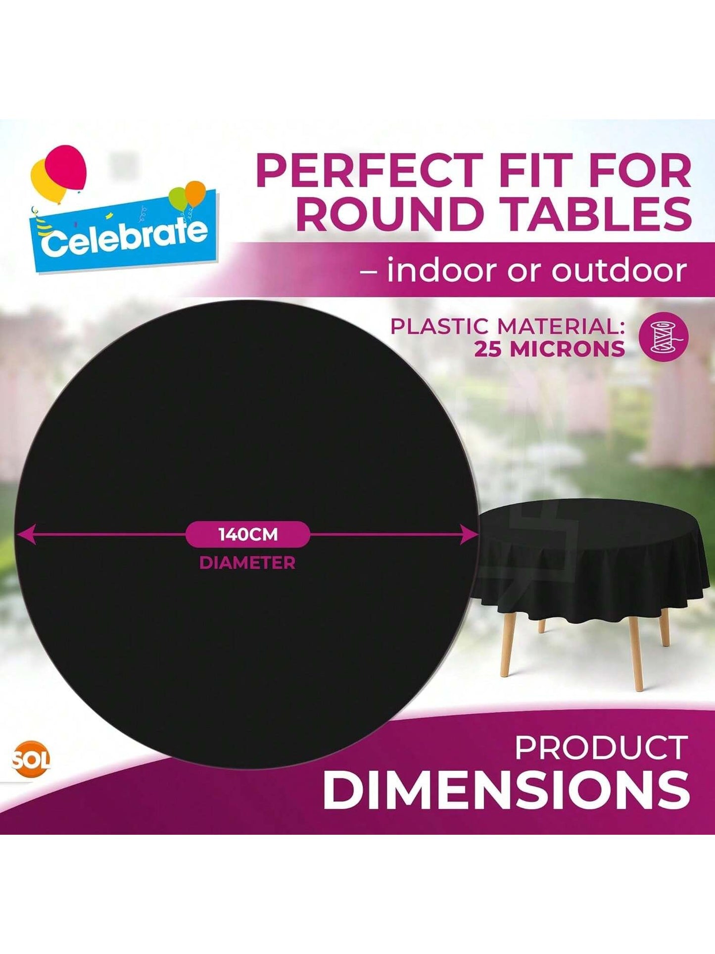 SOL 3pk Black Round Table Cloth Disposable 140cm Party Tablecloths For Circular Table - Durable Spill Protection - Perfect For Weddings, Buffets, Catering, Restaurants & Outdoor Events