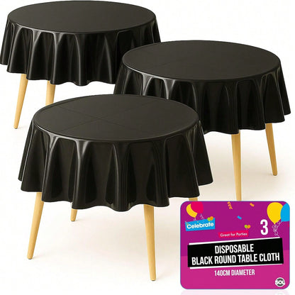 SOL 3pk Black Round Table Cloth Disposable 140cm Party Tablecloths For Circular Table - Durable Spill Protection - Perfect For Weddings, Buffets, Catering, Restaurants & Outdoor Events