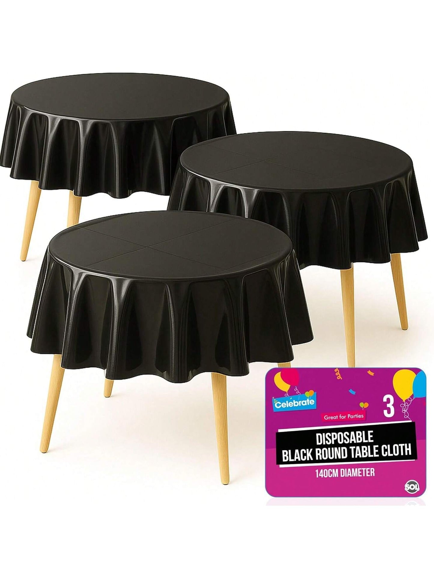 SOL 3pk Black Round Table Cloth Disposable 140cm Party Tablecloths For Circular Table - Durable Spill Protection - Perfect For Weddings, Buffets, Catering, Restaurants & Outdoor Events