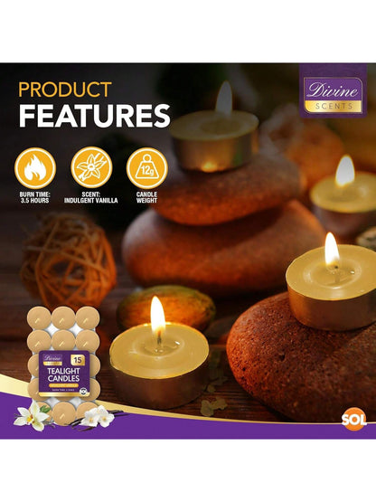 SOL 15pk Tea Light Candles Indulgent Vanilla – 3.5 Hour Burn Time, Scented Tea Lights Candles, Long-Lasting & Ideal Home Decor, Relaxation, Romantic Dinners, Weddings, Cosy Evenings & Special Occasion