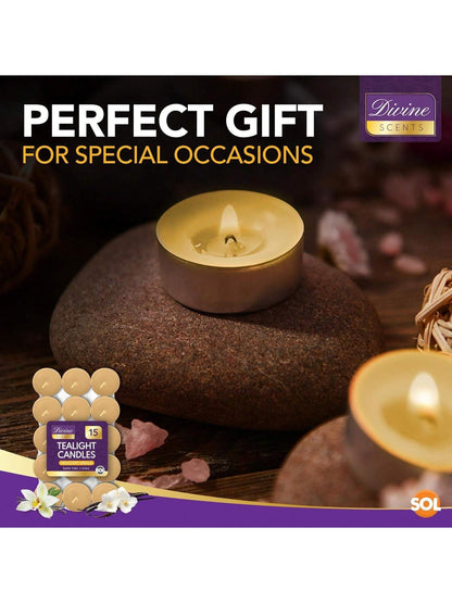 SOL 15pk Tea Light Candles Indulgent Vanilla – 3.5 Hour Burn Time, Scented Tea Lights Candles, Long-Lasting & Ideal Home Decor, Relaxation, Romantic Dinners, Weddings, Cosy Evenings & Special Occasion
