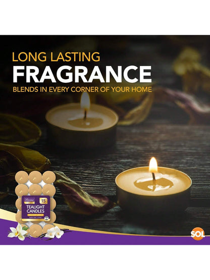 SOL 15pk Tea Light Candles Indulgent Vanilla – 3.5 Hour Burn Time, Scented Tea Lights Candles, Long-Lasting & Ideal Home Decor, Relaxation, Romantic Dinners, Weddings, Cosy Evenings & Special Occasion