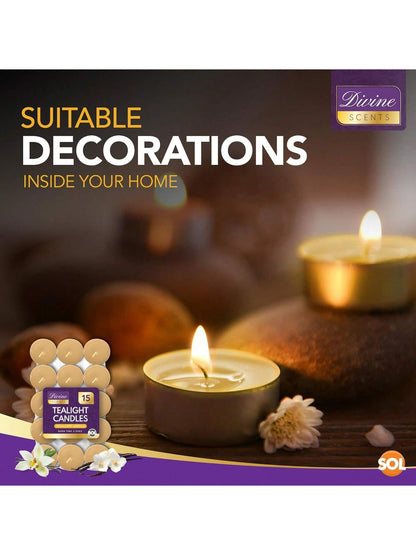 SOL 15pk Tea Light Candles Indulgent Vanilla – 3.5 Hour Burn Time, Scented Tea Lights Candles, Long-Lasting & Ideal Home Decor, Relaxation, Romantic Dinners, Weddings, Cosy Evenings & Special Occasion
