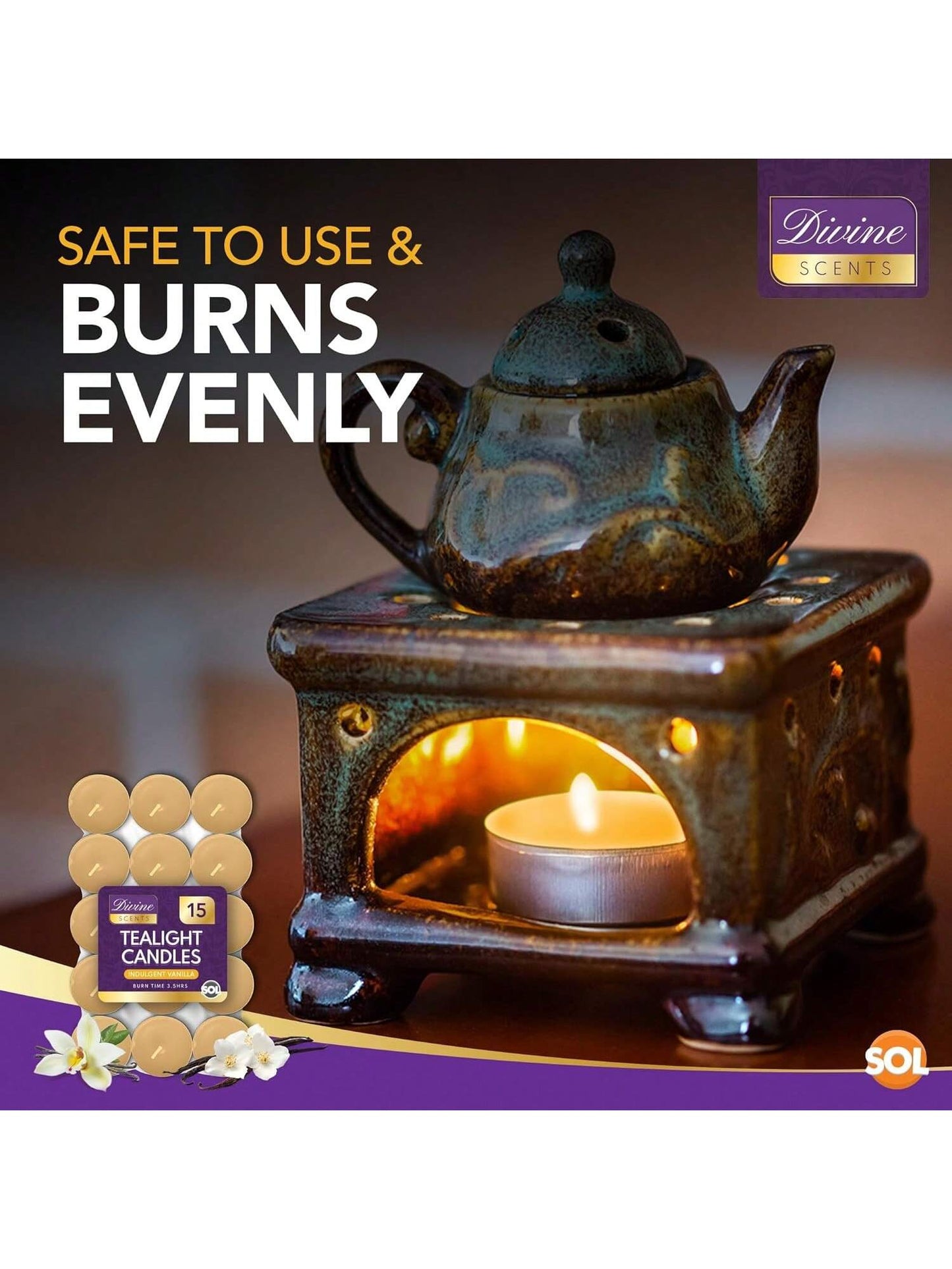 SOL 15pk Tea Light Candles Indulgent Vanilla – 3.5 Hour Burn Time, Scented Tea Lights Candles, Long-Lasting & Ideal Home Decor, Relaxation, Romantic Dinners, Weddings, Cosy Evenings & Special Occasion