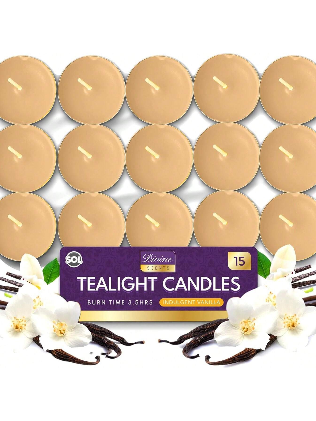 SOL 15pk Tea Light Candles Indulgent Vanilla – 3.5 Hour Burn Time, Scented Tea Lights Candles, Long-Lasting & Ideal Home Decor, Relaxation, Romantic Dinners, Weddings, Cosy Evenings & Special Occasion