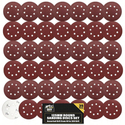 SOL 35pk Round Sandpaper 125mm - Assorted 40/60/80/120/180/240/320 Orbital Sanding Discs - Hook & Loop Sanding Discs For Electric Sander - Durable Abrasive Sheets For Wood, Metal And DIY Projects