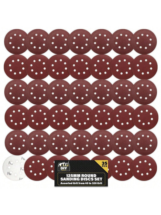 SOL 35pk Round Sandpaper 125mm - Assorted 40/60/80/120/180/240/320 Orbital Sanding Discs - Hook & Loop Sanding Discs For Electric Sander - Durable Abrasive Sheets For Wood, Metal And DIY Projects