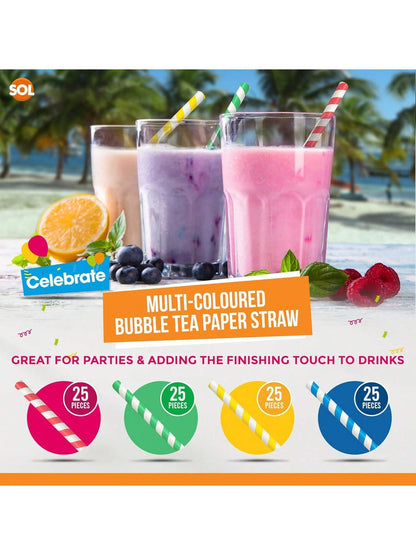 SOL 100pk Multi-Coloured Bubble Tea Paper Straws - Large Boba Straws For Milkshakes & Smoothies - Sturdy, Spiral Design In Yellow, Green, Red & Blue - Perfect For Home, Parties, Or Commercial Use