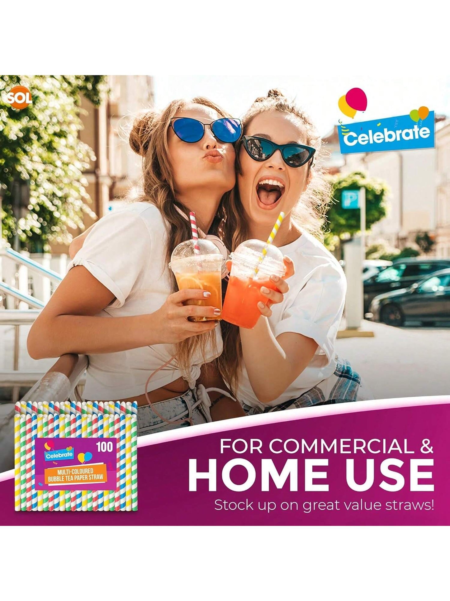 SOL 100pk Multi-Coloured Bubble Tea Paper Straws - Large Boba Straws For Milkshakes & Smoothies - Sturdy, Spiral Design In Yellow, Green, Red & Blue - Perfect For Home, Parties, Or Commercial Use