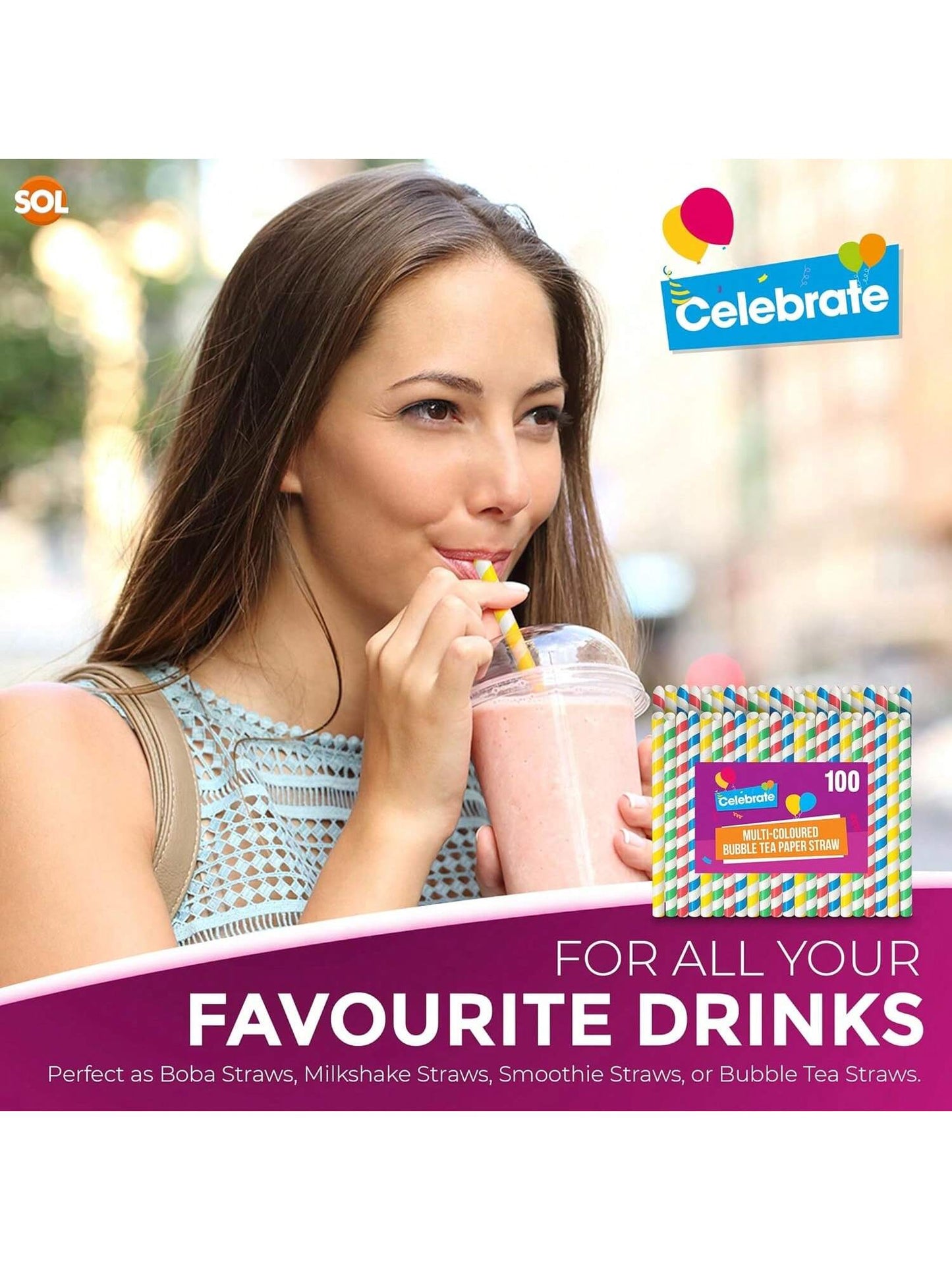 SOL 100pk Multi-Coloured Bubble Tea Paper Straws - Large Boba Straws For Milkshakes & Smoothies - Sturdy, Spiral Design In Yellow, Green, Red & Blue - Perfect For Home, Parties, Or Commercial Use