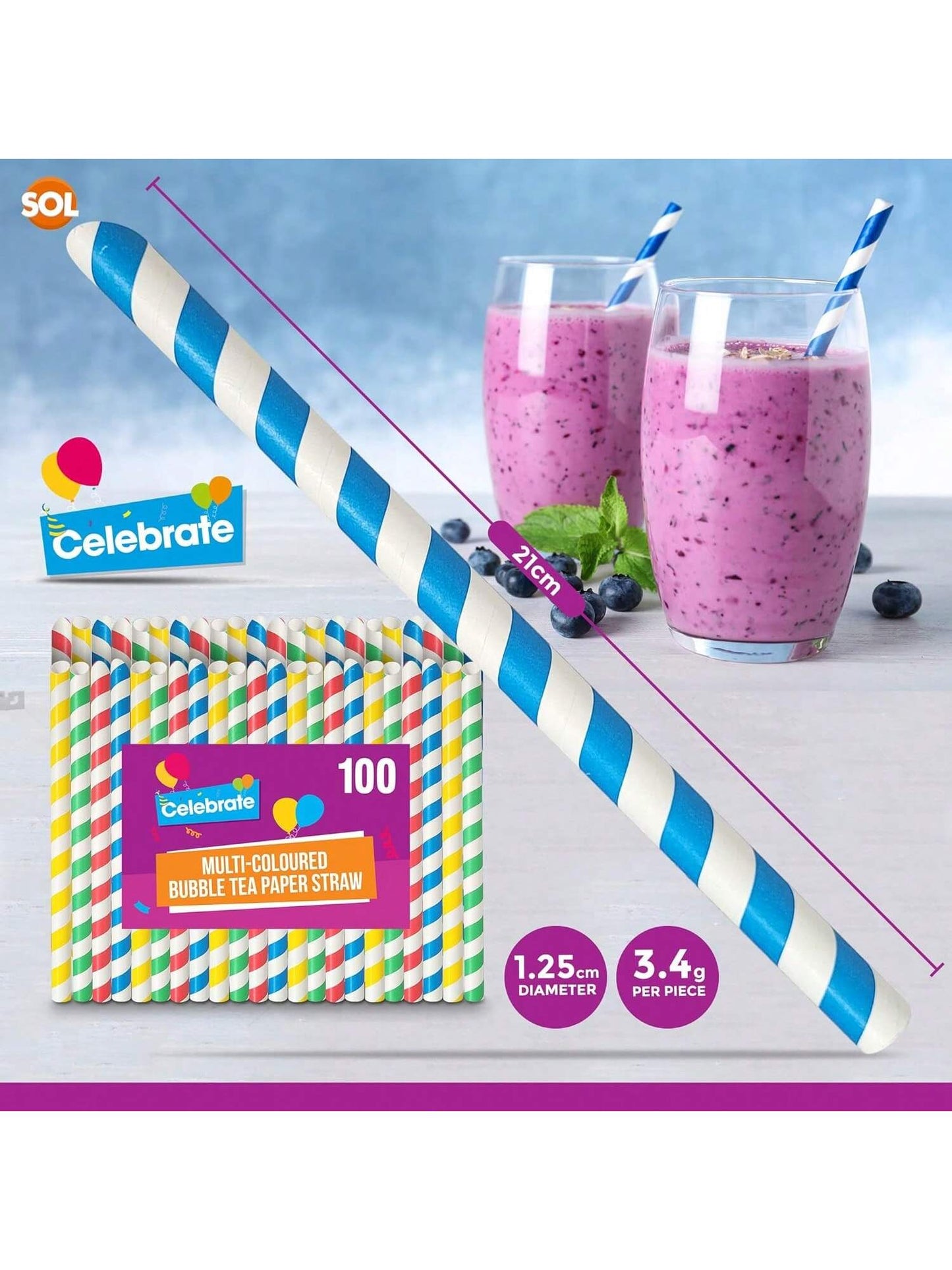 SOL 100pk Multi-Coloured Bubble Tea Paper Straws - Large Boba Straws For Milkshakes & Smoothies - Sturdy, Spiral Design In Yellow, Green, Red & Blue - Perfect For Home, Parties, Or Commercial Use