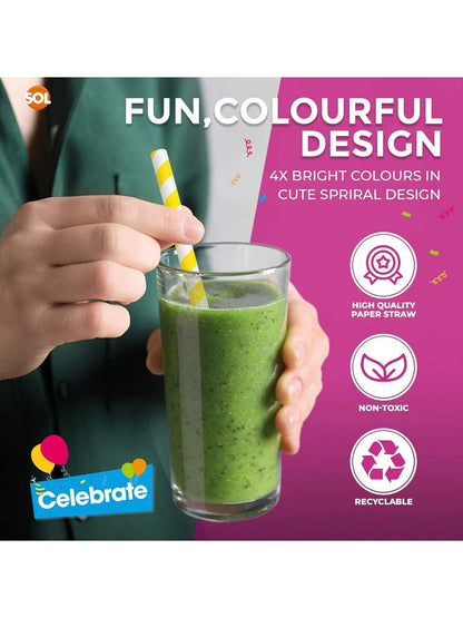 SOL 100pk Multi-Coloured Bubble Tea Paper Straws - Large Boba Straws For Milkshakes & Smoothies - Sturdy, Spiral Design In Yellow, Green, Red & Blue - Perfect For Home, Parties, Or Commercial Use