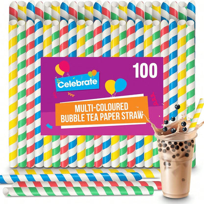 SOL 100pk Multi-Coloured Bubble Tea Paper Straws - Large Boba Straws For Milkshakes & Smoothies - Sturdy, Spiral Design In Yellow, Green, Red & Blue - Perfect For Home, Parties, Or Commercial Use