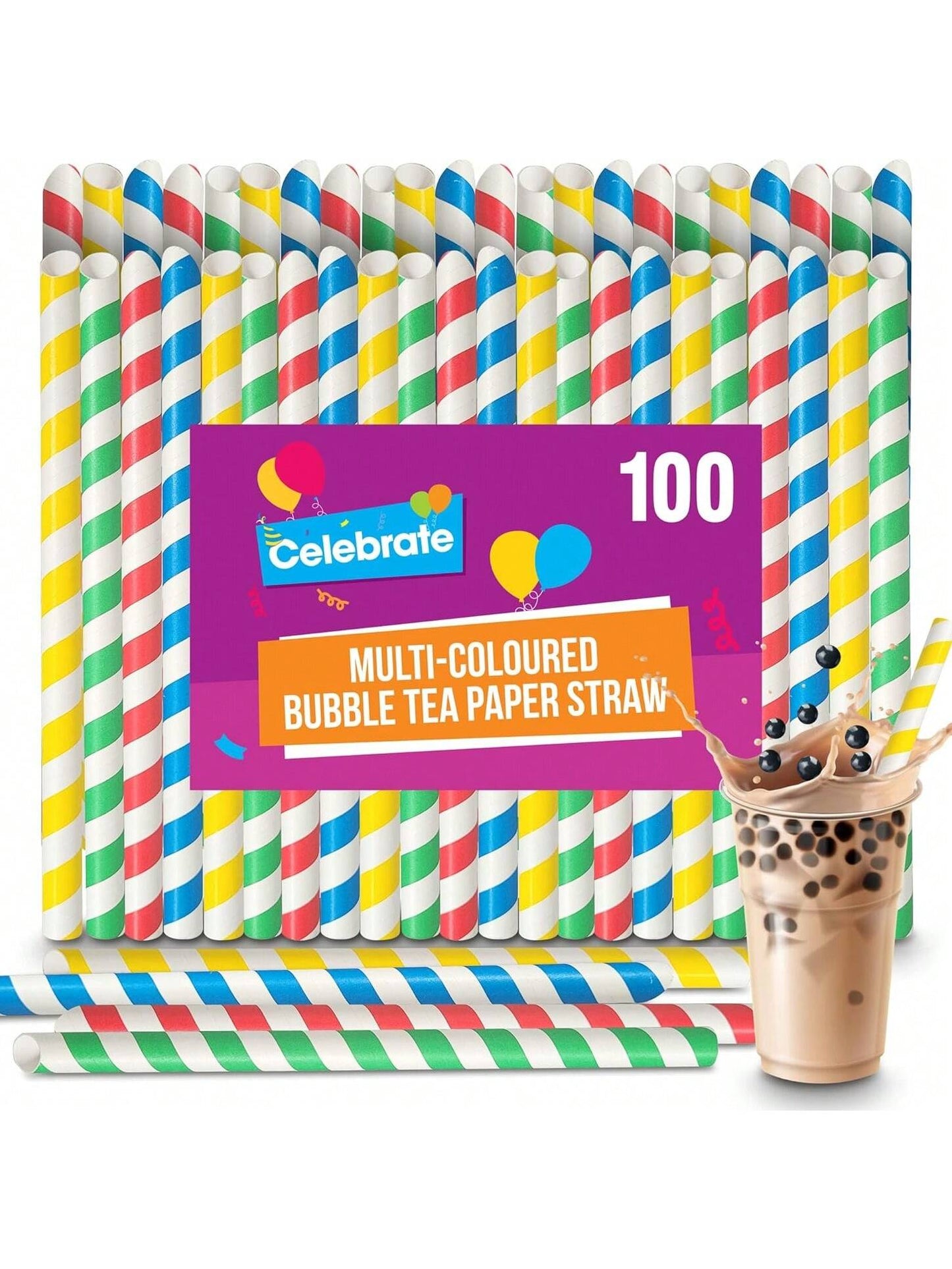 SOL 100pk Multi-Coloured Bubble Tea Paper Straws - Large Boba Straws For Milkshakes & Smoothies - Sturdy, Spiral Design In Yellow, Green, Red & Blue - Perfect For Home, Parties, Or Commercial Use