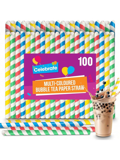 SOL 100pk Multi-Coloured Bubble Tea Paper Straws - Large Boba Straws For Milkshakes & Smoothies - Sturdy, Spiral Design In Yellow, Green, Red & Blue - Perfect For Home, Parties, Or Commercial Use
