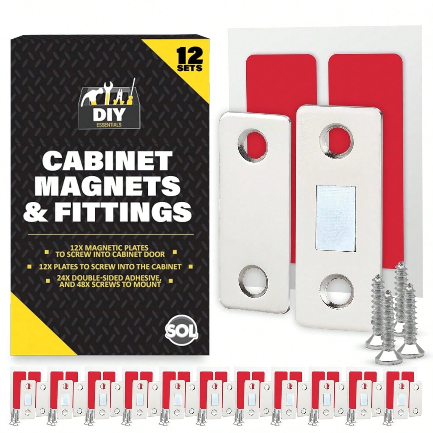SOL 12pk Cabinet Magnets & Fittings – Magnetic Catches For Cupboards, Wardrobes, Kitchen Units, And Cabinets – Slim Door Catch Kit For Secure Closures, Drawers, And Furniture Doors