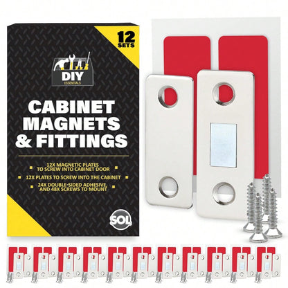 SOL 12pk Cabinet Magnets & Fittings – Magnetic Catches For Cupboards, Wardrobes, Kitchen Units, And Cabinets – Slim Door Catch Kit For Secure Closures, Drawers, And Furniture Doors