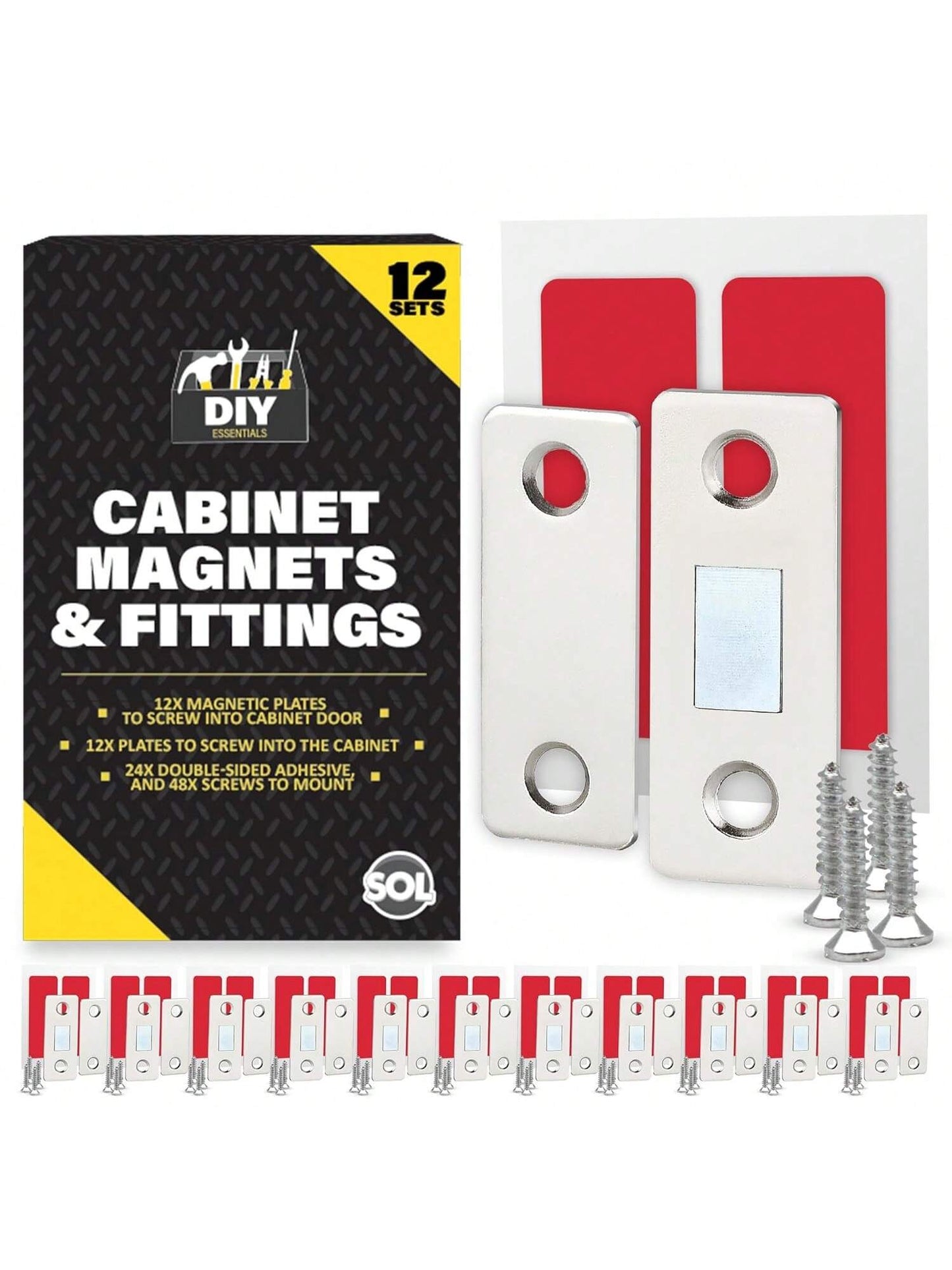 SOL 12pk Cabinet Magnets & Fittings – Magnetic Catches For Cupboards, Wardrobes, Kitchen Units, And Cabinets – Slim Door Catch Kit For Secure Closures, Drawers, And Furniture Doors
