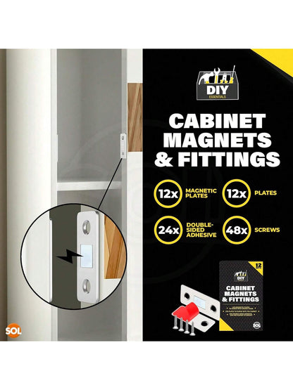 SOL 12pk Cabinet Magnets & Fittings – Magnetic Catches For Cupboards, Wardrobes, Kitchen Units, And Cabinets – Slim Door Catch Kit For Secure Closures, Drawers, And Furniture Doors