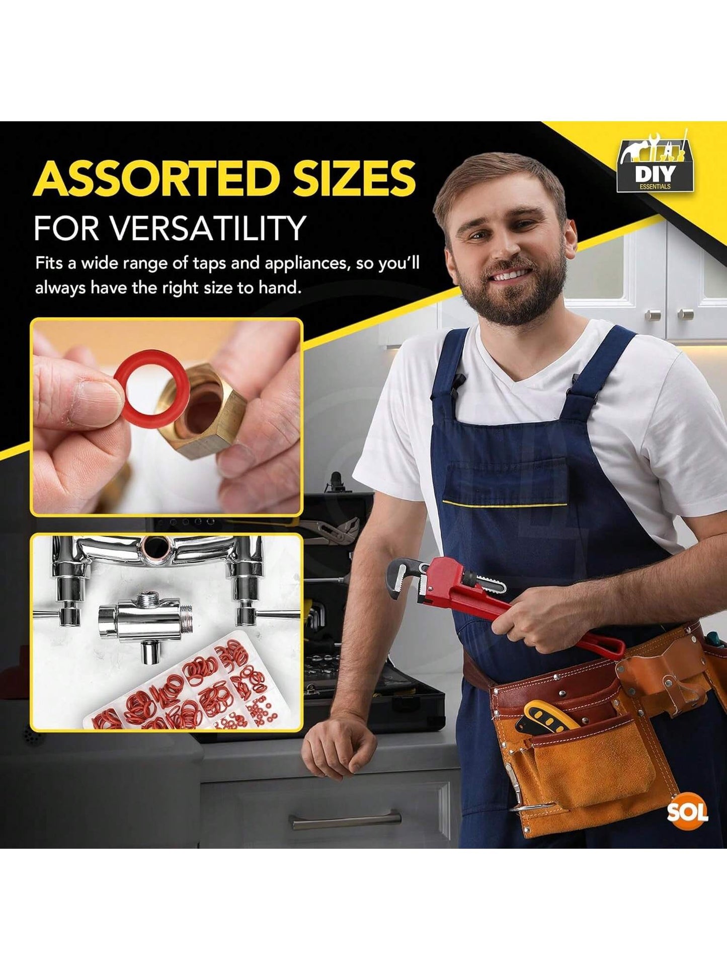 SOL 225pk O Ring Gasket Kit – Assorted Tap Washers For Mixer Taps & Plumbing – Durable Rubber Seals For DIY, Pipe Fittings, Leak Prevention, Automotive, Shower & Household Repairs