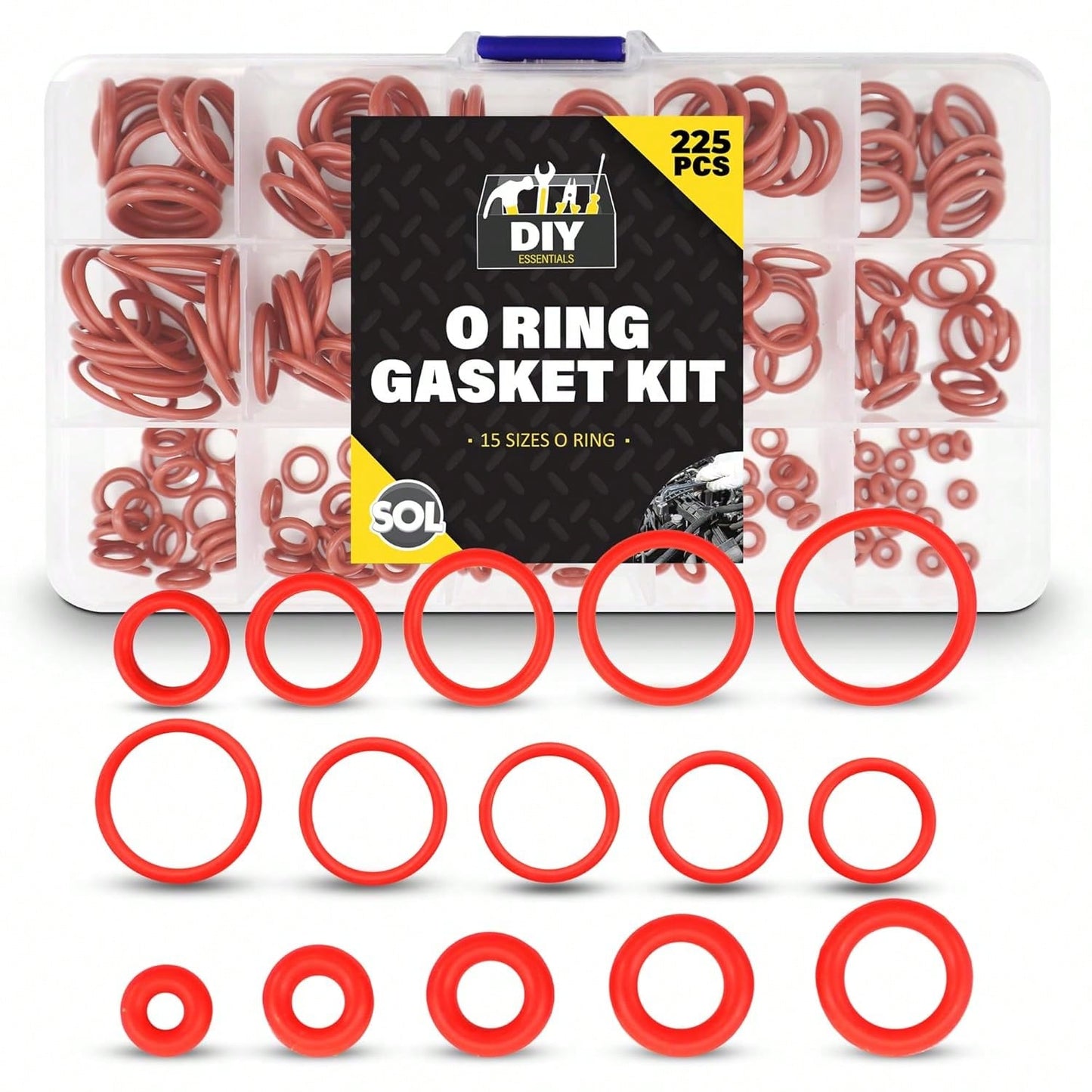 SOL 225pk O Ring Gasket Kit – Assorted Tap Washers For Mixer Taps & Plumbing – Durable Rubber Seals For DIY, Pipe Fittings, Leak Prevention, Automotive, Shower & Household Repairs