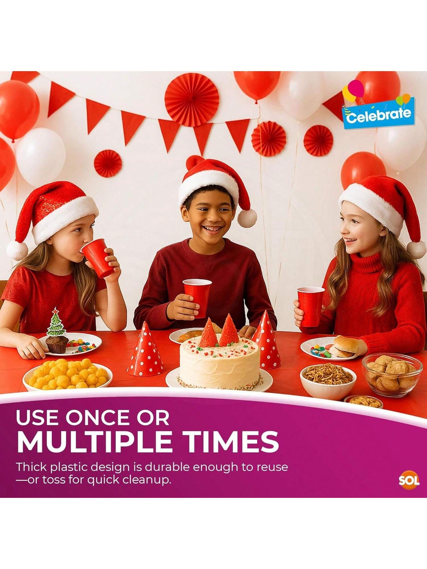 SOL 4pk Long Red Table Cloth Party 274x137cm Plastic Cover Disposable Tablecloths For Parties - Spill Protection - Great For Weddings, Buffets, Catering, Restaurants, Outdoor Events & Celebrations