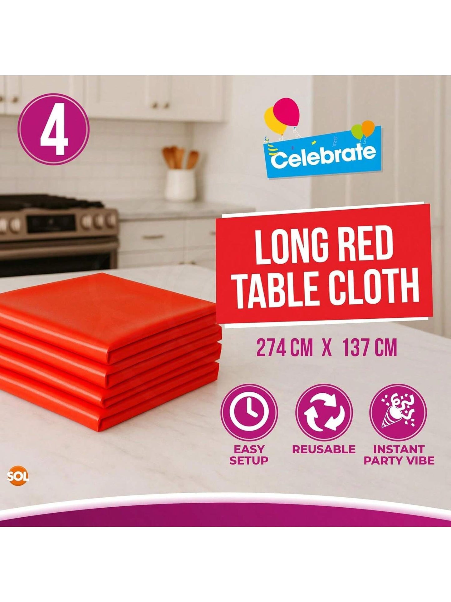SOL 4pk Long Red Table Cloth Party 274x137cm Plastic Cover Disposable Tablecloths For Parties - Spill Protection - Great For Weddings, Buffets, Catering, Restaurants, Outdoor Events & Celebrations
