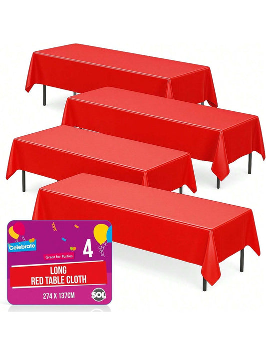 SOL 4pk Long Red Table Cloth Party 274x137cm Plastic Cover Disposable Tablecloths For Parties - Spill Protection - Great For Weddings, Buffets, Catering, Restaurants, Outdoor Events & Celebrations