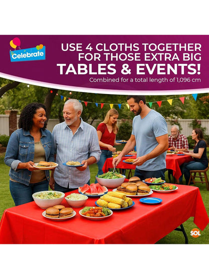 SOL 4pk Long Red Table Cloth Party 274x137cm Plastic Cover Disposable Tablecloths For Parties - Spill Protection - Great For Weddings, Buffets, Catering, Restaurants, Outdoor Events & Celebrations