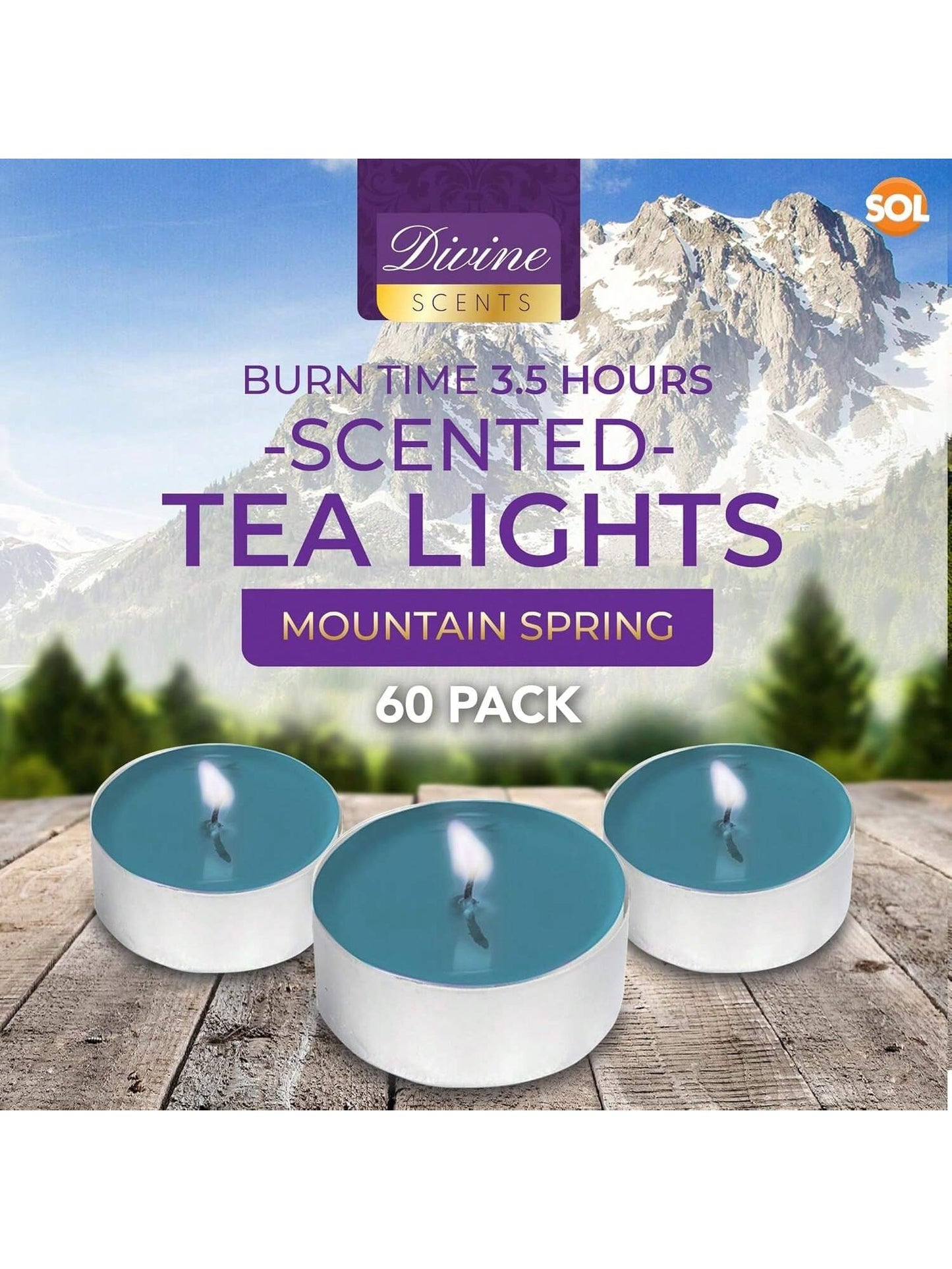 SOL 60pk Tea Light Candles Mountain Spring – 3.5 Hour Burn Time, Scented Tea Lights With A Refreshing Fragrance - Ideal For Home, Relaxation, Romantic Dinners, Weddings, Festive Decor, Cosy Evenings