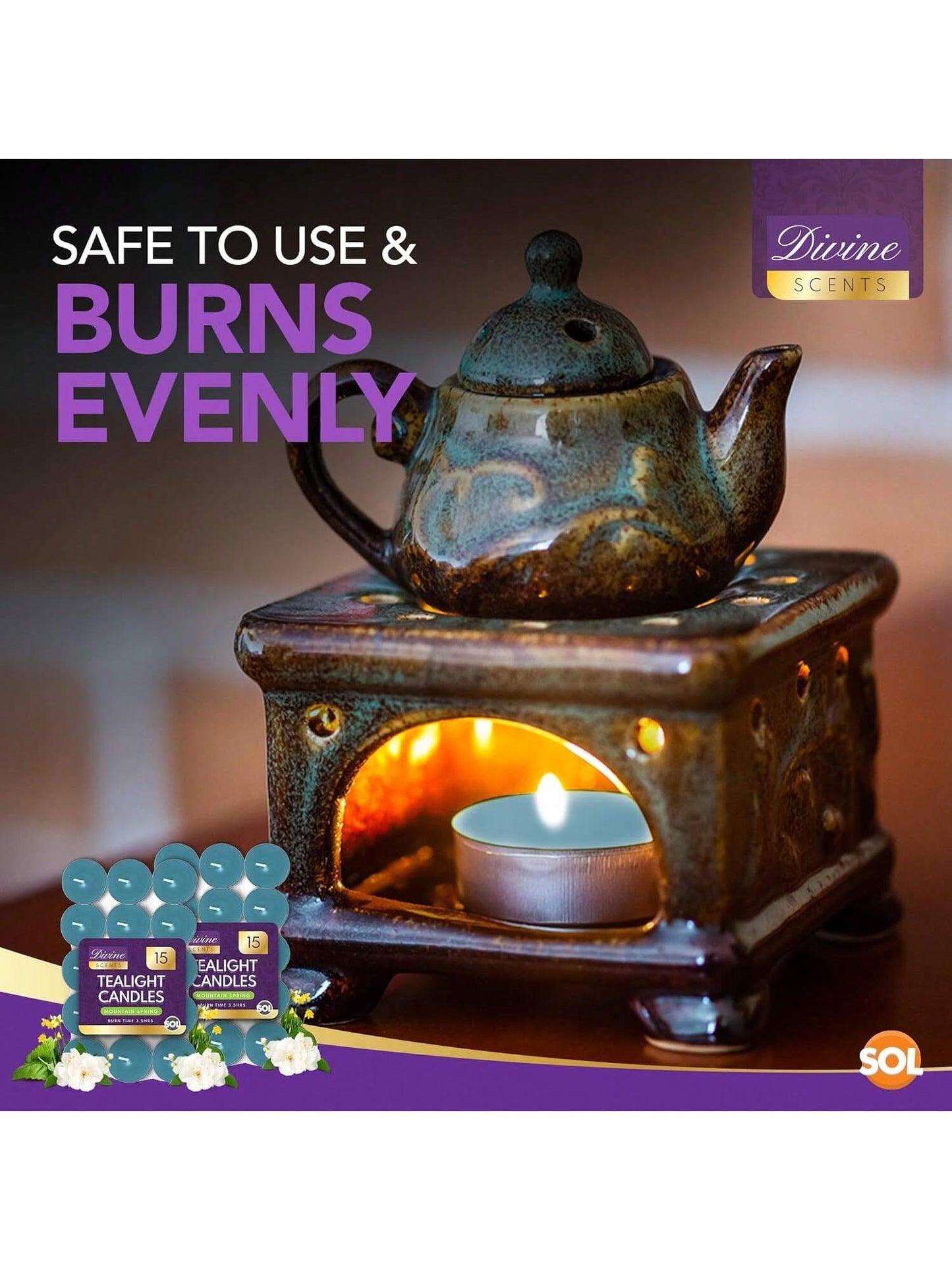 SOL 60pk Tea Light Candles Mountain Spring – 3.5 Hour Burn Time, Scented Tea Lights With A Refreshing Fragrance - Ideal For Home, Relaxation, Romantic Dinners, Weddings, Festive Decor, Cosy Evenings