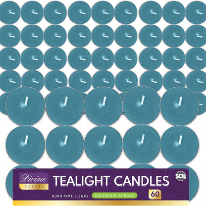 SOL 60pk Tea Light Candles Mountain Spring – 3.5 Hour Burn Time, Scented Tea Lights With A Refreshing Fragrance - Ideal For Home, Relaxation, Romantic Dinners, Weddings, Festive Decor, Cosy Evenings