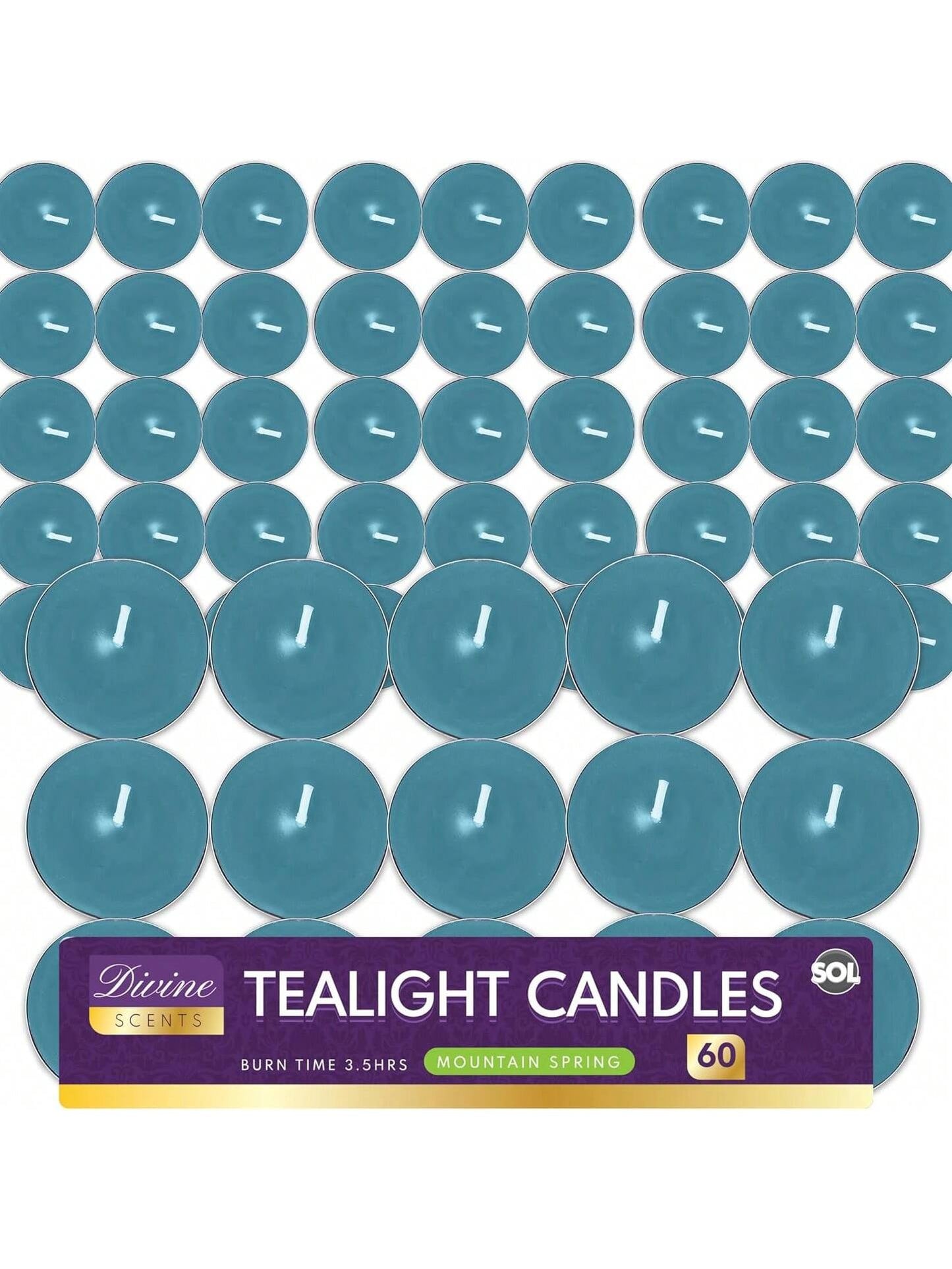 SOL 60pk Tea Light Candles Mountain Spring – 3.5 Hour Burn Time, Scented Tea Lights With A Refreshing Fragrance - Ideal For Home, Relaxation, Romantic Dinners, Weddings, Festive Decor, Cosy Evenings