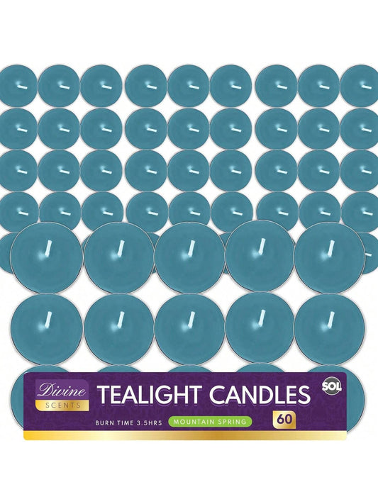 SOL 60pk Tea Light Candles Mountain Spring – 3.5 Hour Burn Time, Scented Tea Lights With A Refreshing Fragrance - Ideal For Home, Relaxation, Romantic Dinners, Weddings, Festive Decor, Cosy Evenings