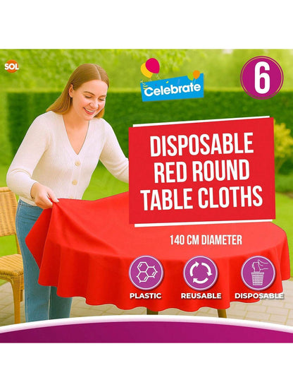 SOL 6pk Red Round Table Cloth Disposable 140cm Party Tablecloths For Circular Table Cloth Cover - Durable Spill Protection - Perfect For Weddings, Buffets, Catering, Restaurants & Special Events