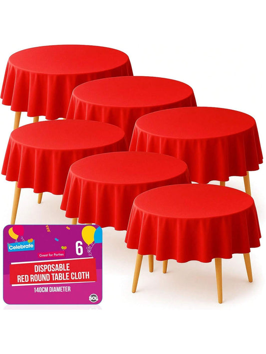 SOL 6pk Red Round Table Cloth Disposable 140cm Party Tablecloths For Circular Table Cloth Cover - Durable Spill Protection - Perfect For Weddings, Buffets, Catering, Restaurants & Special Events