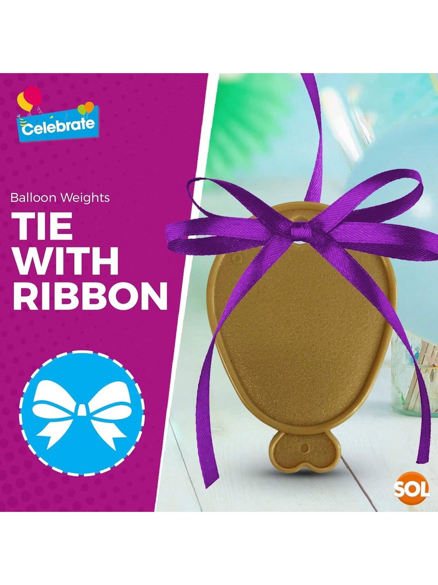 SOL 48pk Helium Balloon Weights - Gold Plastic Party Accessories - Perfect For Securing Balloons At Birthdays, Weddings, New Year - Heavy Duty 205g Weights For Decorations And Large Celebrations